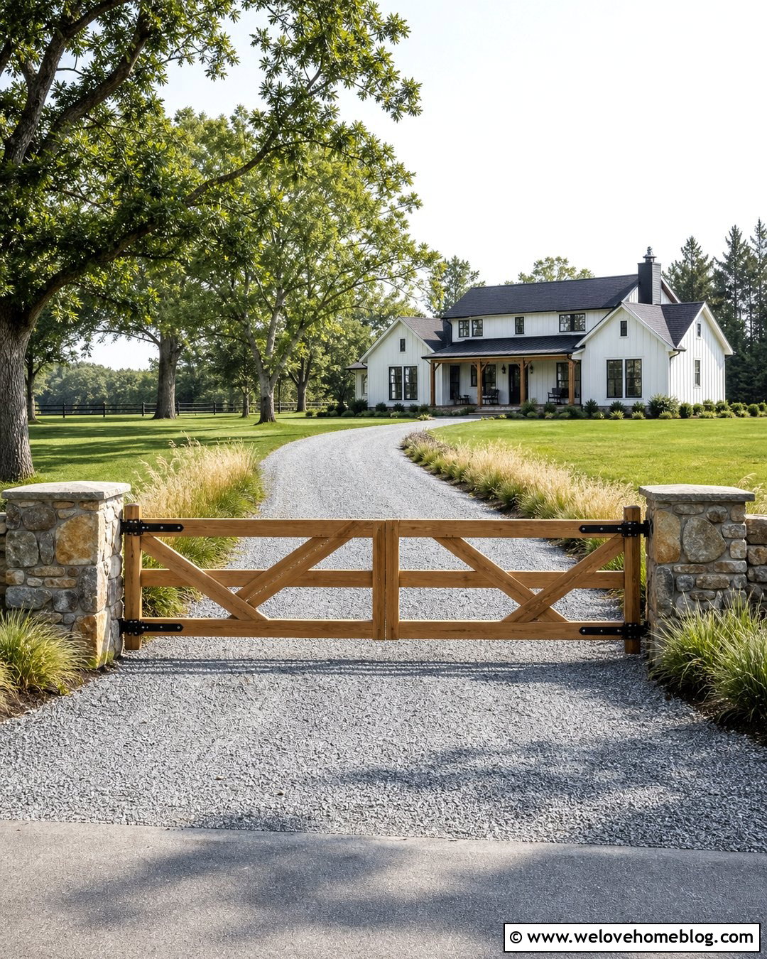 Modern Farmhouse Driveway With Timber Gate - 20 Modern Farmhouse Driveway Ideas