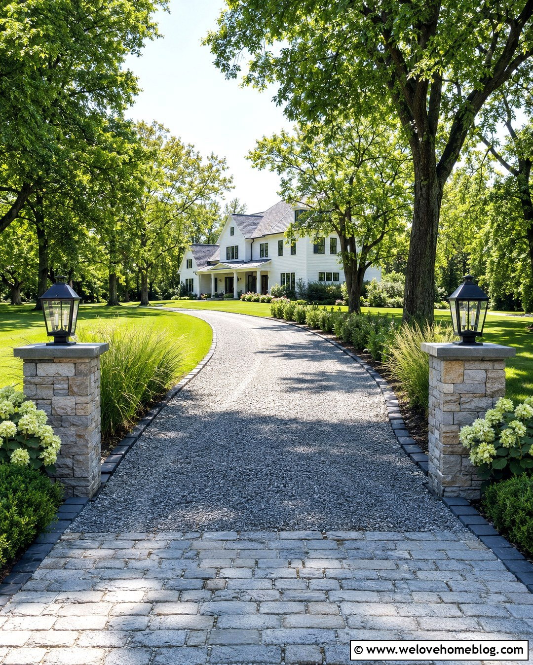 Modern Farmhouse Gravel Driveway Entrance With Stone Pillars - 20 modern farmhouse driveway entrance ideas