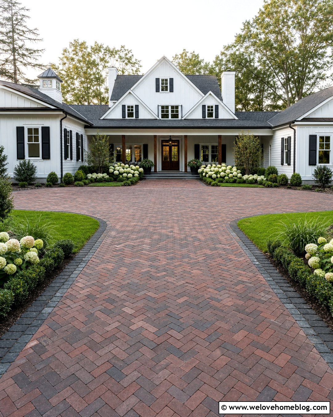 Modern Farmhouse Herringbone Brick Driveway - 20 Modern Farmhouse Driveway Ideas