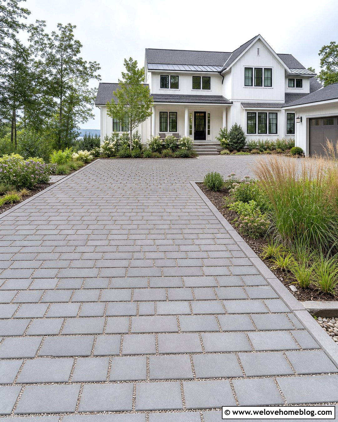 Modern Farmhouse Permeable Paver Driveway - 20 Modern Farmhouse Driveway Ideas