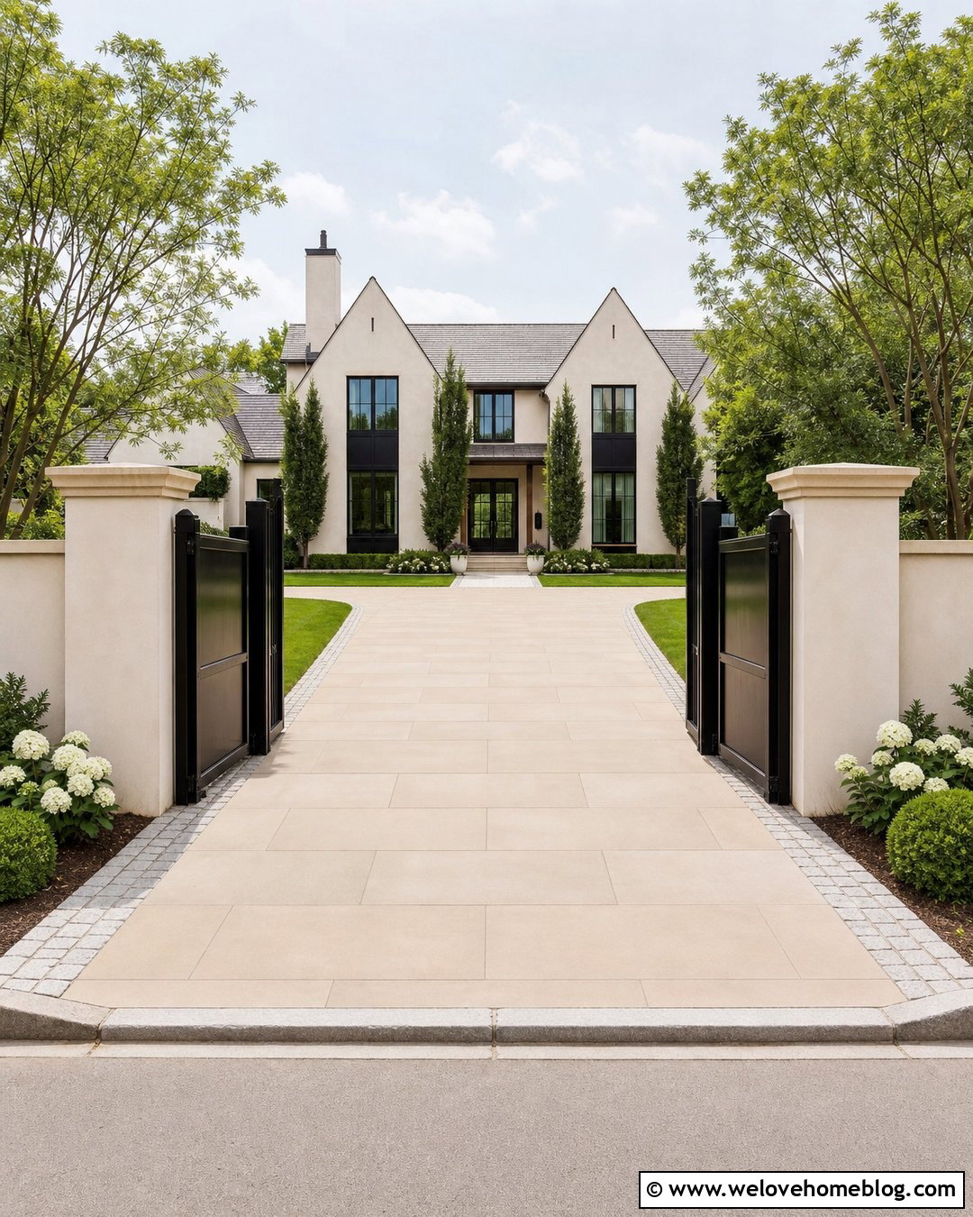 Modern French Driveway Entrance With Black Gates - 20 French Driveway Entrance Ideas