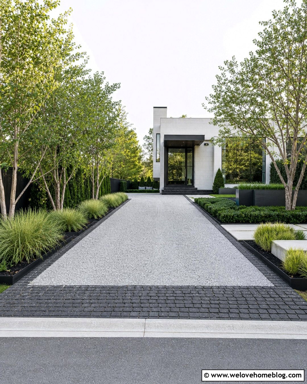 Modern Gravel Driveway With Black Cobblestone Border - 20 Cobble And Gravel Driveway Ideas