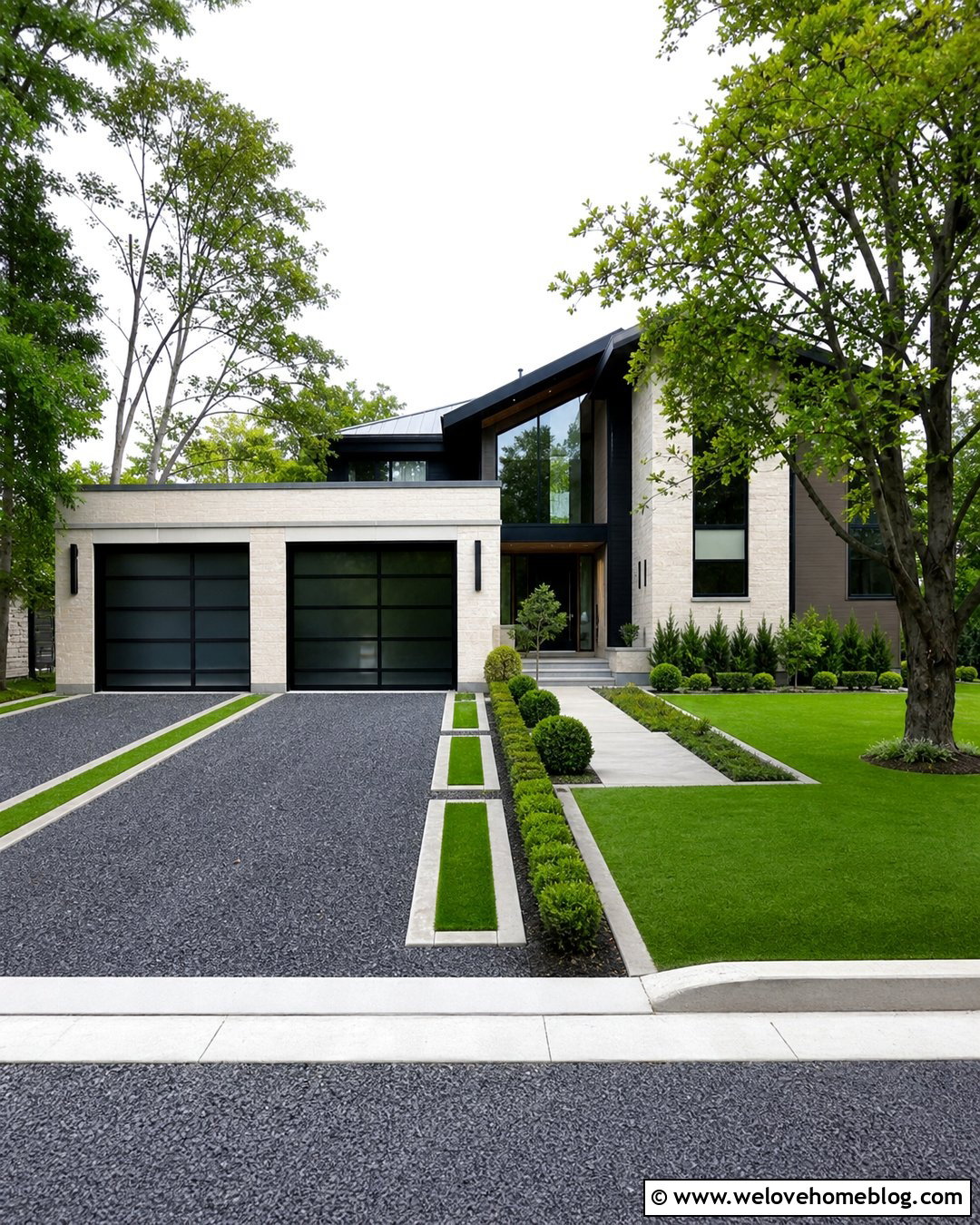 Modern Gravel Driveway With Geometric Grass Strips - 20 Gravel And Grass Driveway Ideas