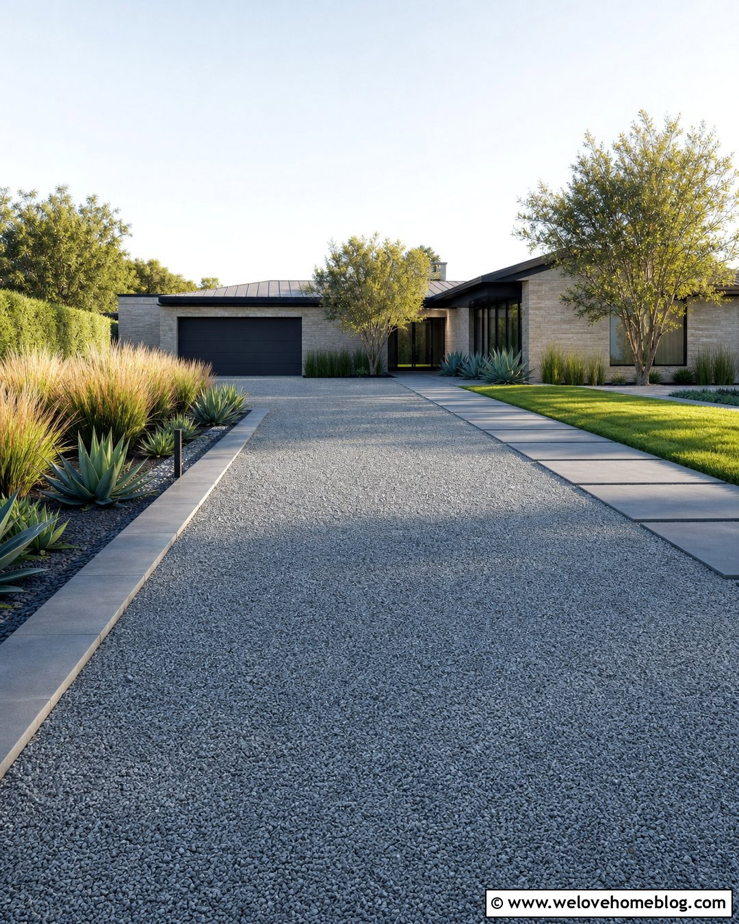 Modern Gravel Driveway With Large Format Paver Border - 20 gravel driveway with paver border ideas