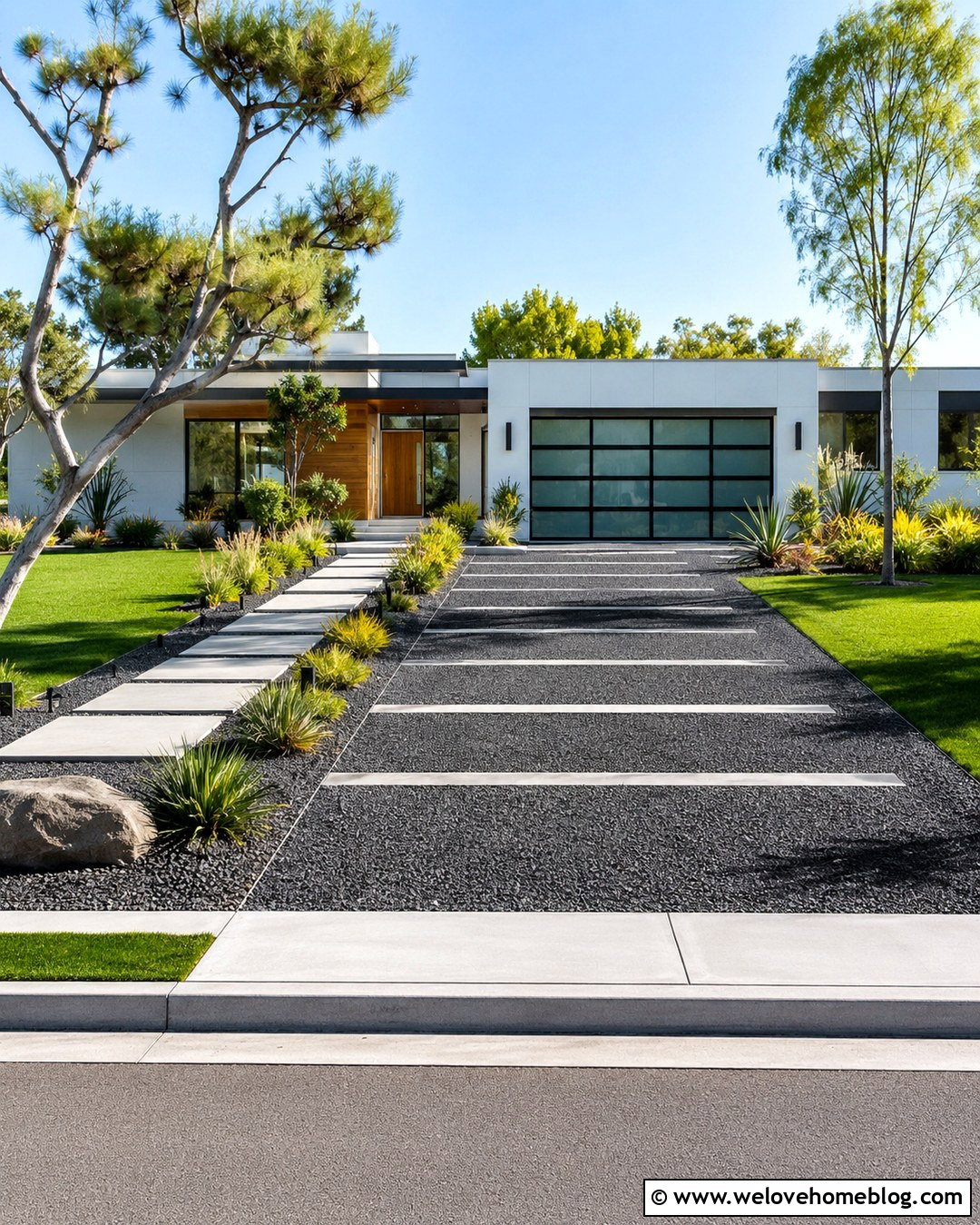 Modern Gravel Driveway With Stepping Paver Bands - 20 Gravel Driveway With Pavers Ideas