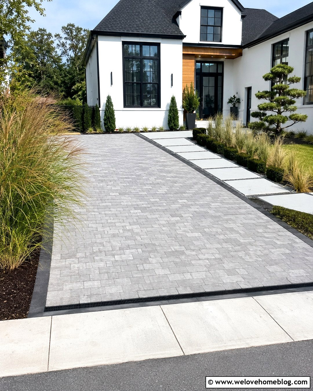 Modern Grey Cobblestone Driveway With Black Border - 20 Grey Cobblestone Driveway Ideas
