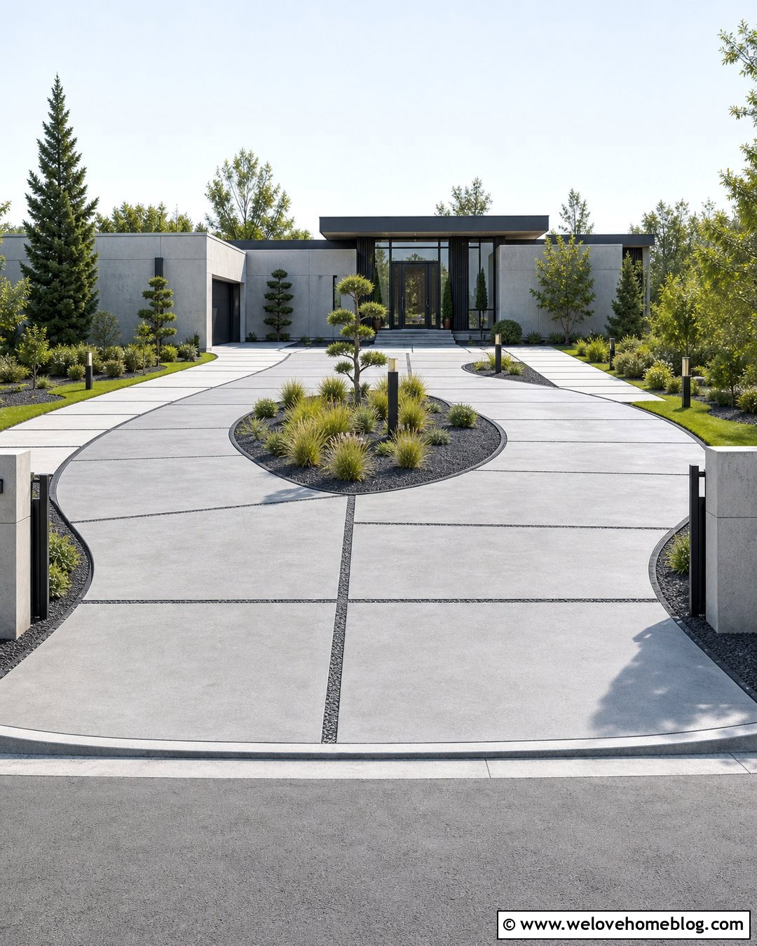 Modern Half Circle Driveway With Concrete Bands - 20 Front Yard Half Circle Driveway Ideas