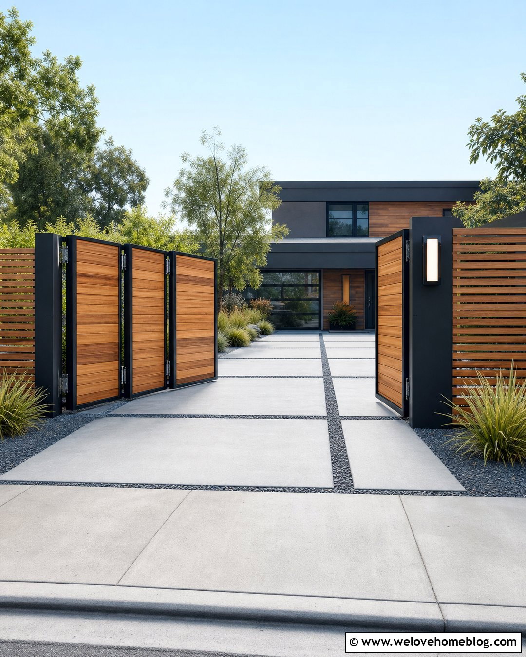 Modern Horizontal Wood Bi Fold Driveway Gate - 20 Wood Bi-Fold Driveway Gate Ideas