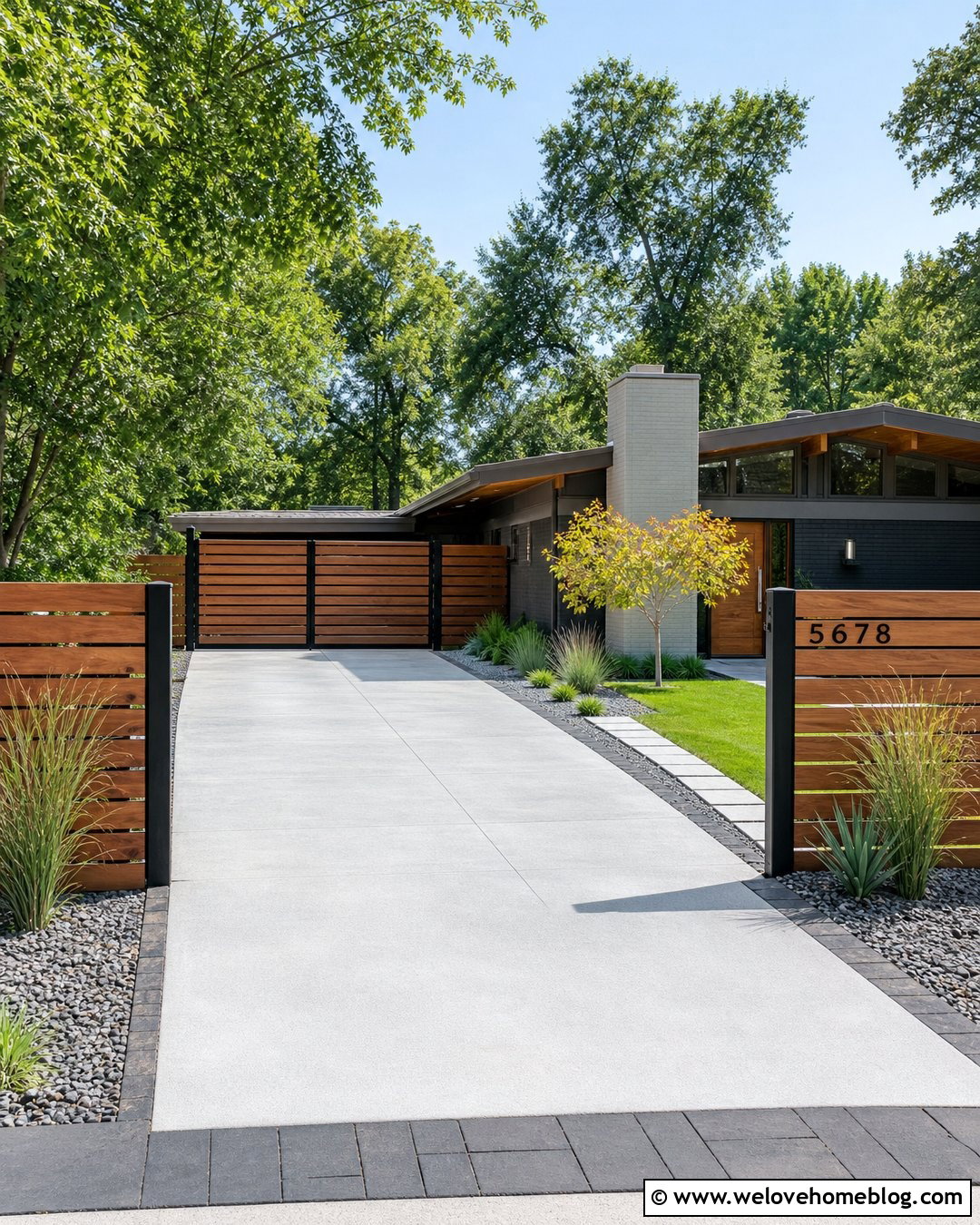 Modern Horizontal Wood Driveway Fence - 25 Driveway Fencing Ideas