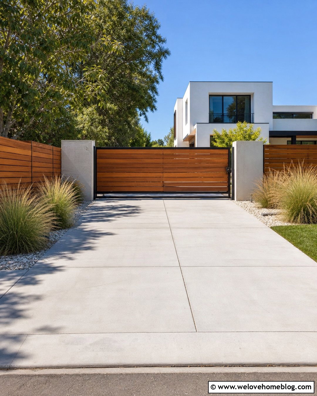 Modern Horizontal Wood Driveway Gate With Concrete - 20 Wood Gates Driveway Ideas