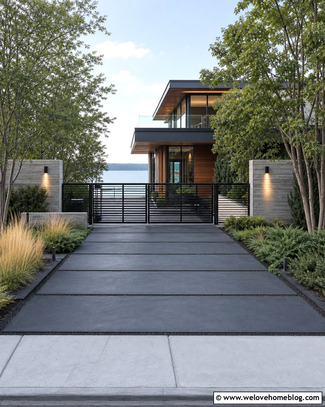 Modern Lake House Driveway Entrance With Steel Gate - 20 Lake House Driveway Entrance Ideas