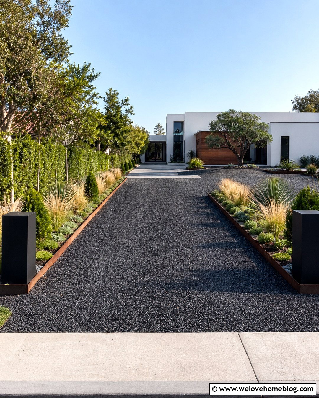 Modern Long Gravel Driveway With Corten Steel - 20 long gravel driveway landscaping ideas