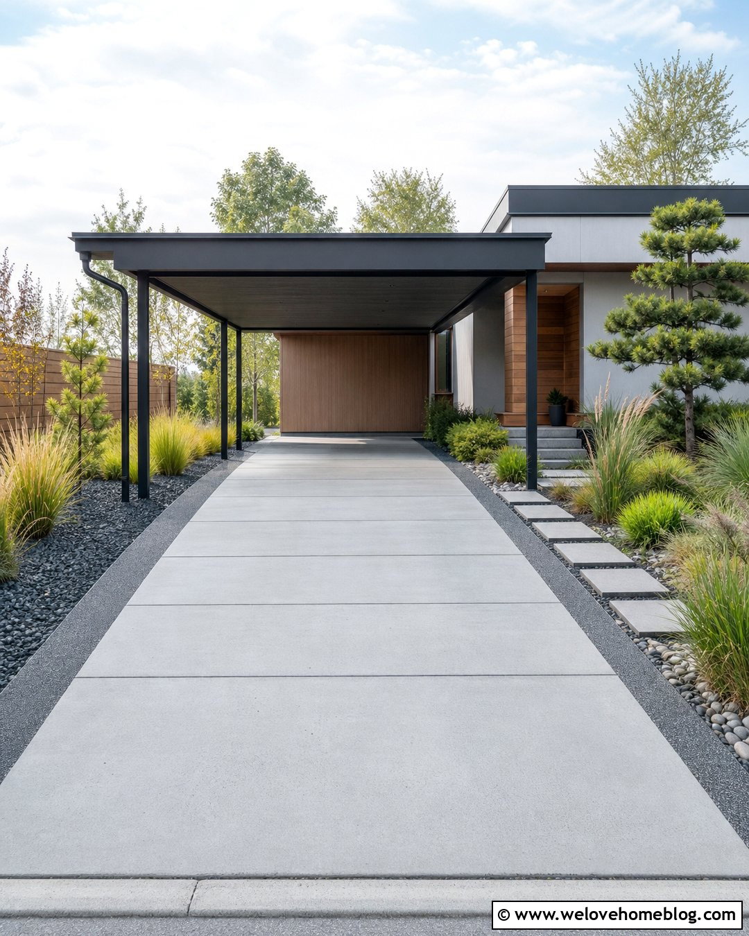 Modern Metal Carport With Concrete Driveway - 25 Driveway Shade Ideas