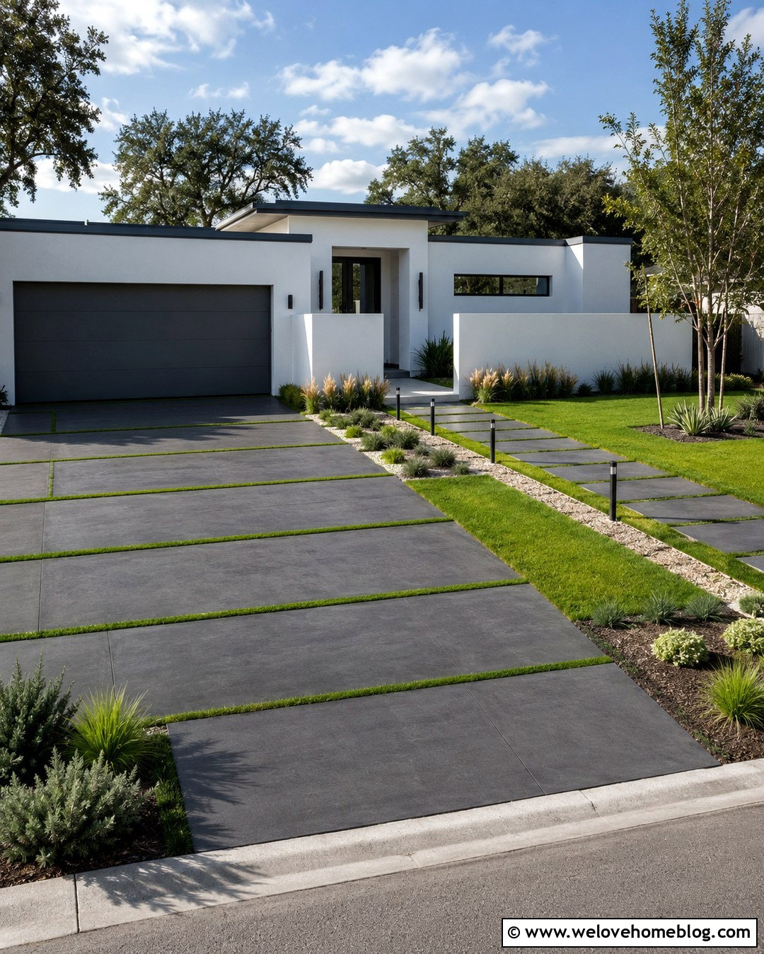 Modern Paver Driveway Entrance With Grass Strips - 20 Front Driveway Entrance Modern Ideas