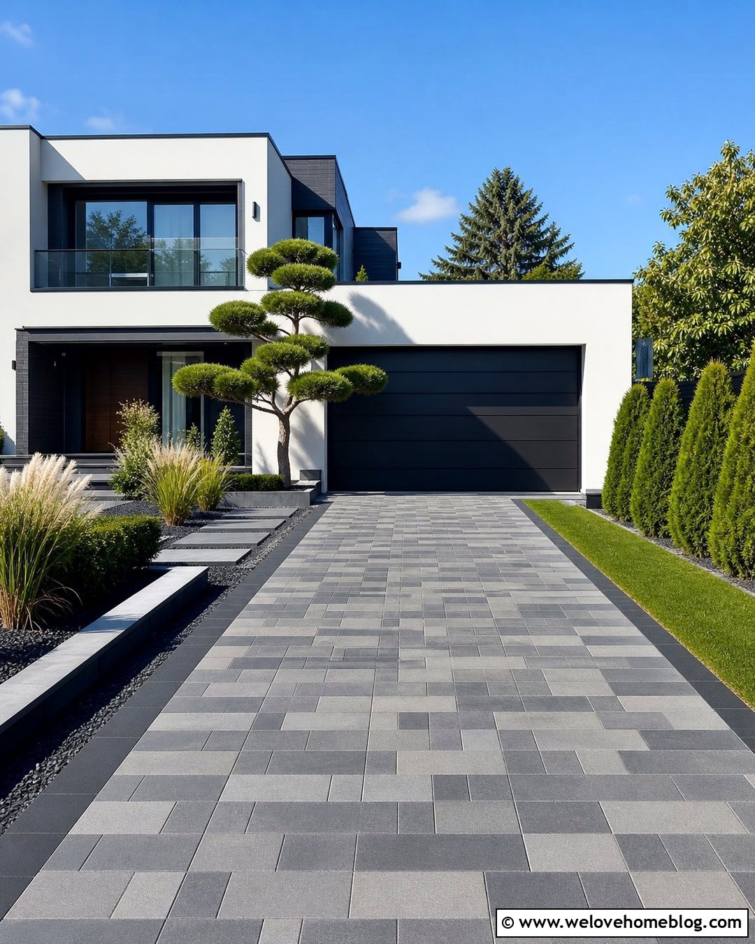 Modern Paver Driveway With Linear Pattern - 50 Driveway Ideas