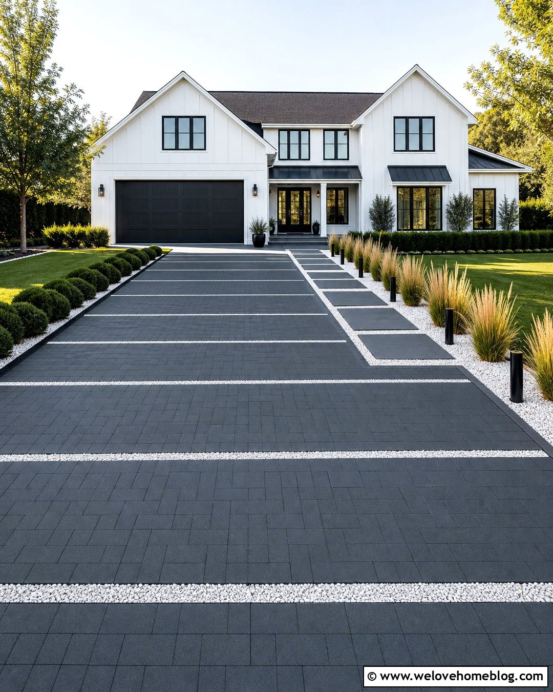 Modern Paver Driveway With White Gravel Strips - 20 rock and paver driveway ideas