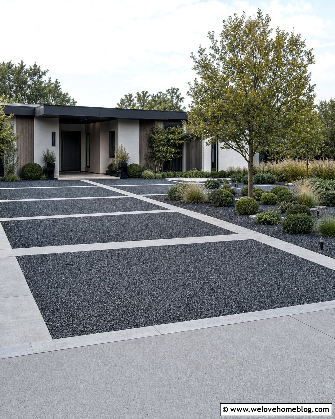 Modern Pebble Driveway With Concrete Bands - 35 Pebble Driveway Ideas