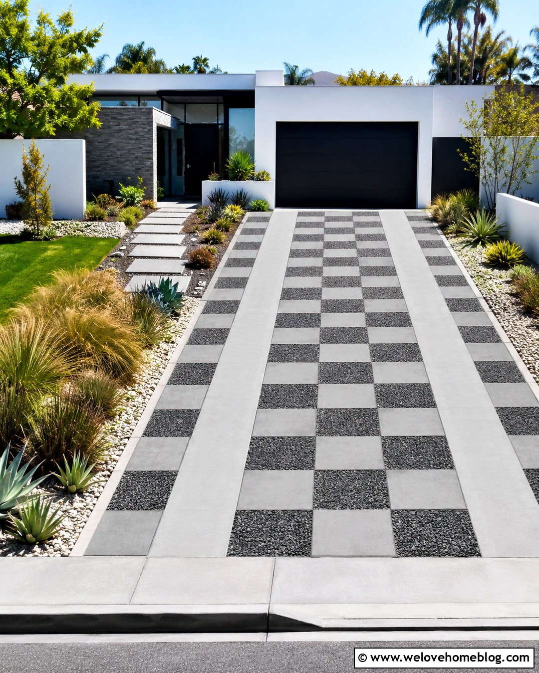 Modern Permeable Checkerboard Driveway - 20 modern driveway with patterned pavers ideas
