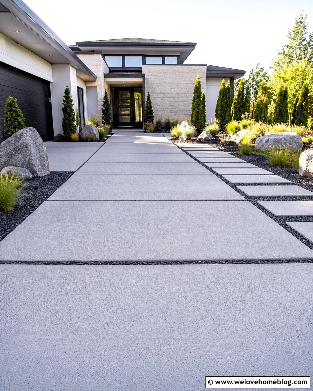 Modern Plain Concrete Driveway With Gravel Channels - 20 Plain Concrete Driveway Ideas