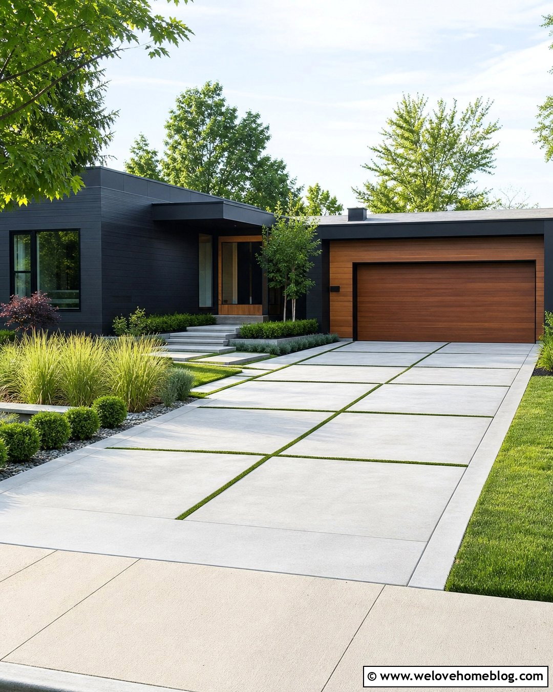 Modern Poured Concrete Driveway With Grass Strips - 20 Poured Concrete Driveway Ideas