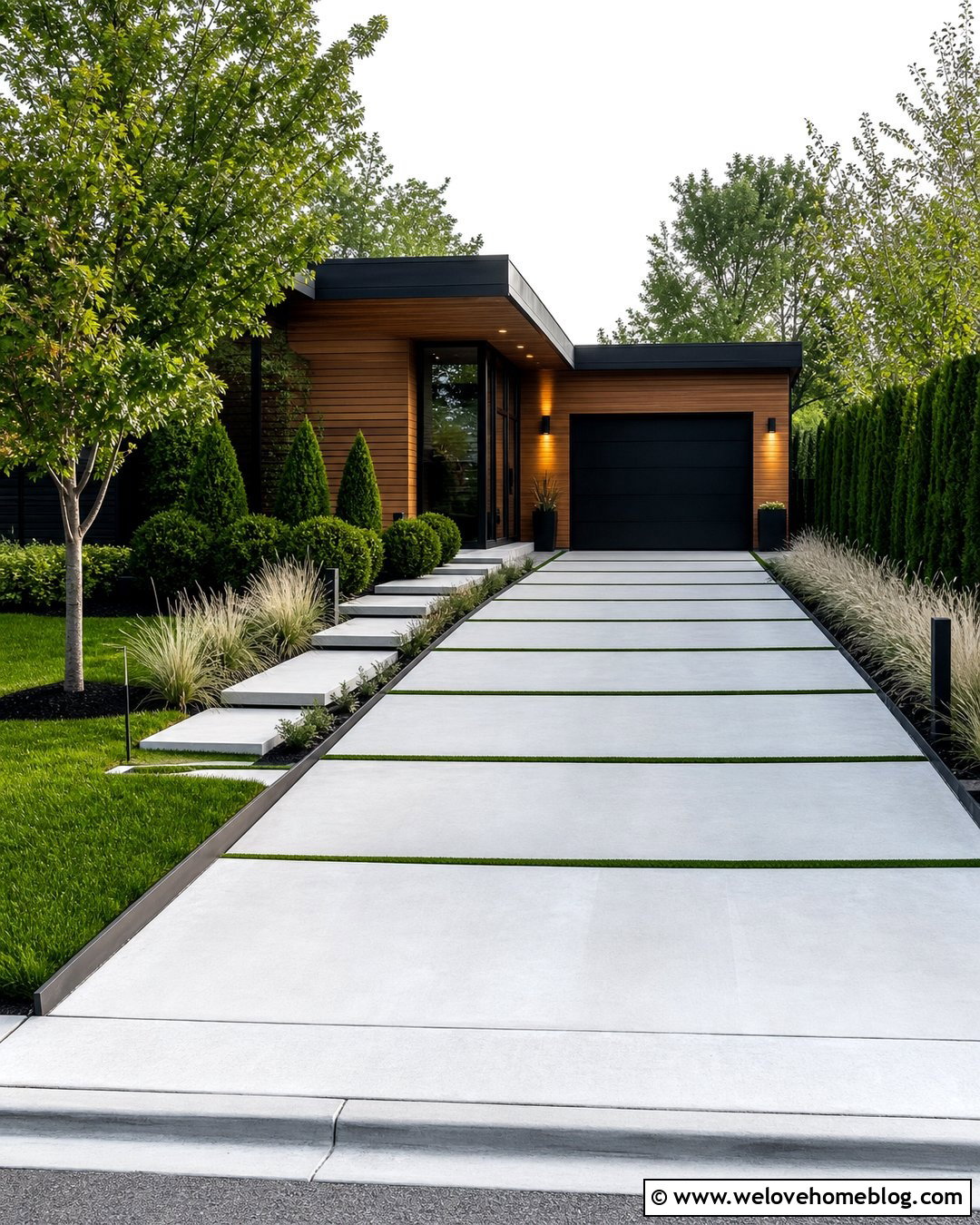 Modern Side Garage Driveway With Grass Strips - 25 Side Garage Driveway Layout Ideas