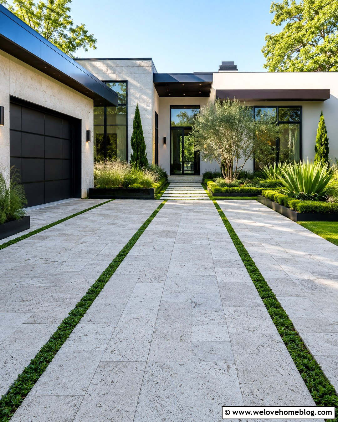 Modern Silver Travertine Driveway With Grass Strips - 20 silver travertine pavers driveway ideas