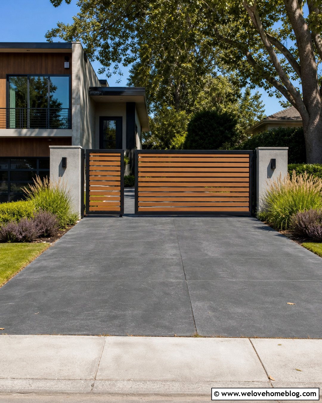 Modern Slatted Uneven Split Driveway Gate - 20 Uneven Split Driveway Gate Ideas