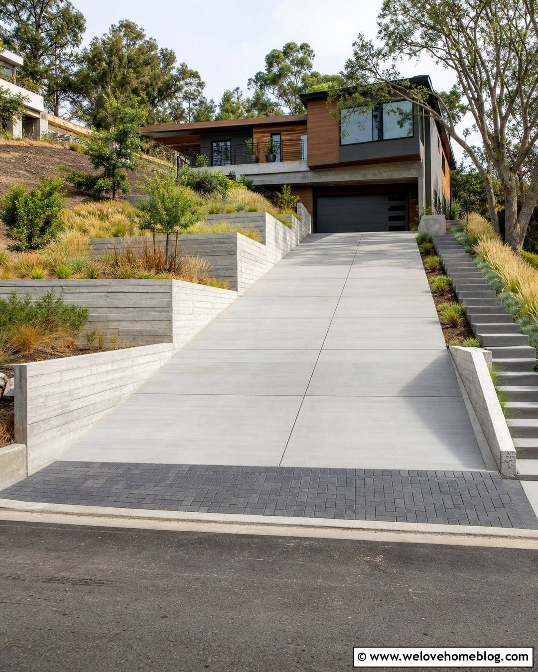 Modern Sloped Driveway With Retaining Walls - 25 Modern House Driveway Ideas