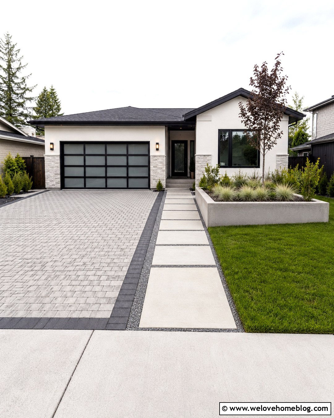 Modern Small Driveway With Front Yard Landscaping - 20 Modern Home Driveway Ideas
