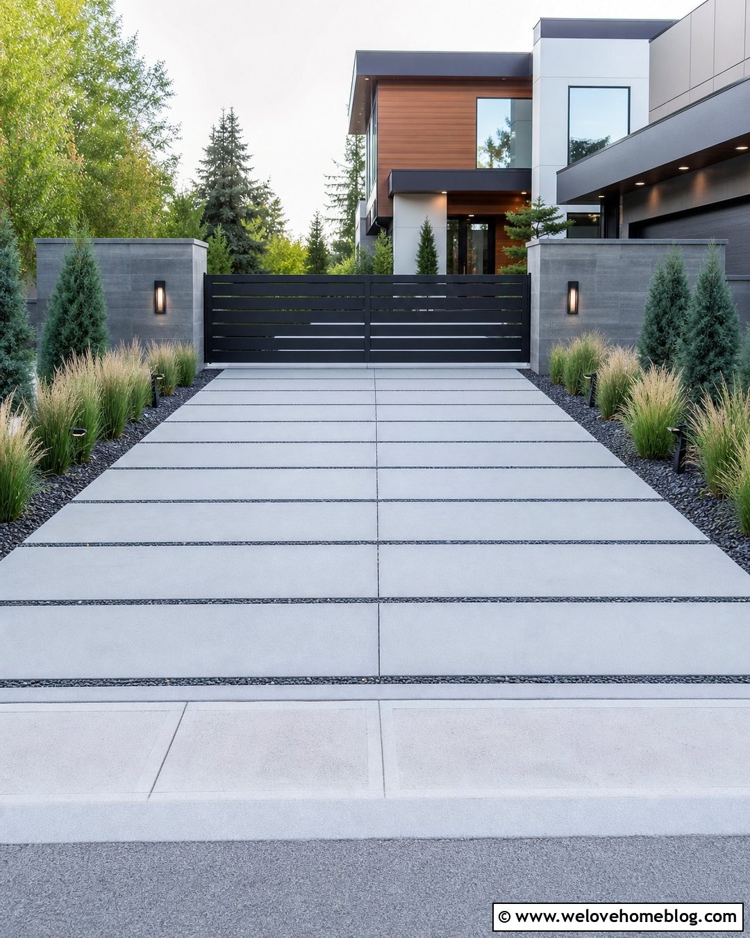 Modern Steel Driveway Gate With Gray Stone Pillars - 20 Driveway Gate With Stone Pillars Ideas