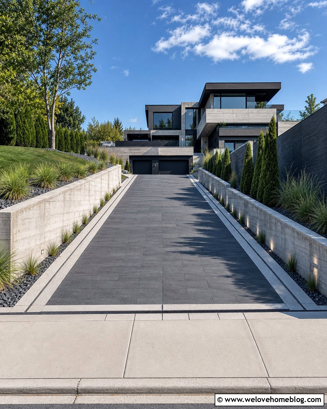 Modern Steep Driveway With Lighting - 35 Steep Driveway Ideas