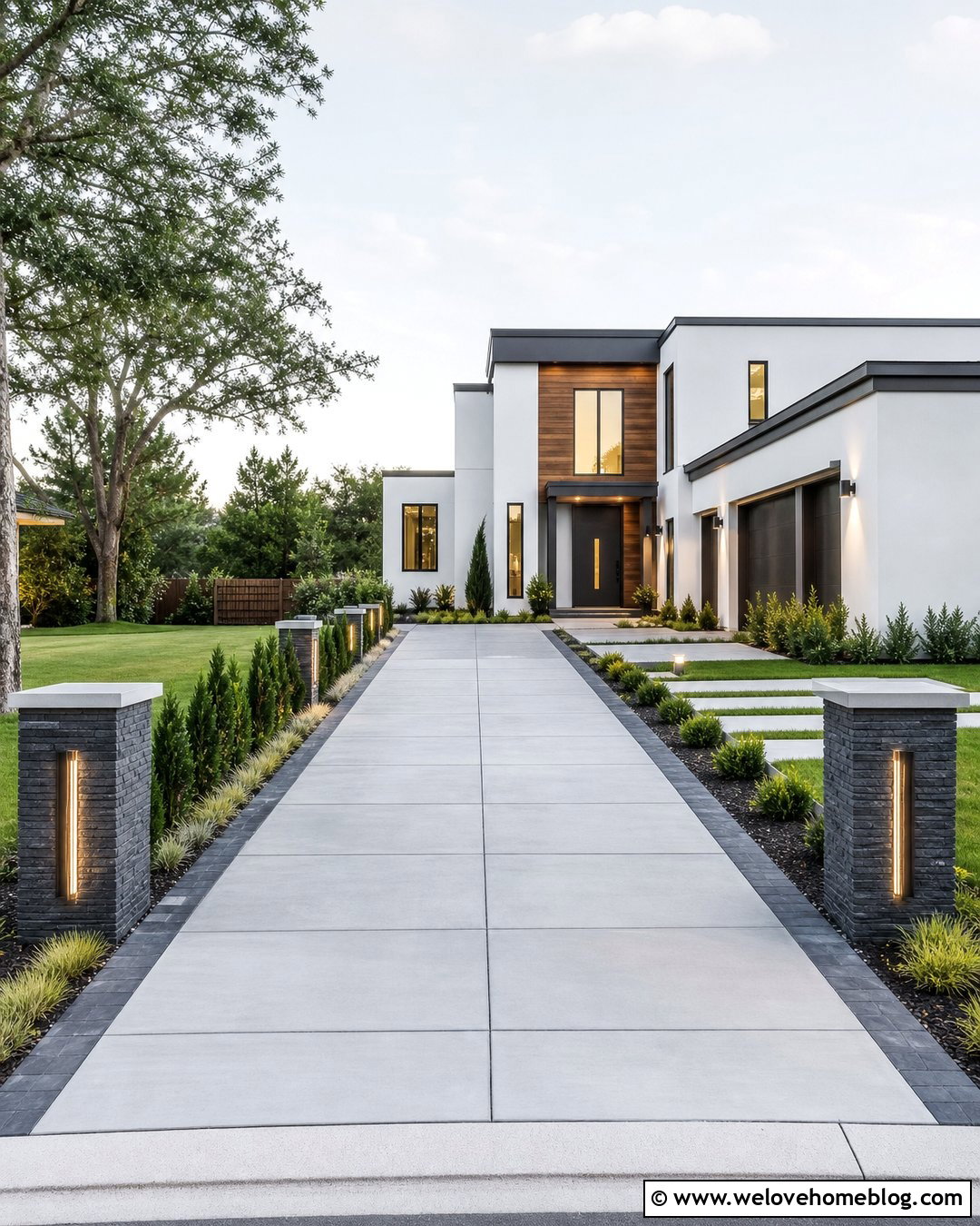 Modern Stone Pillars With A Concrete Driveway - 40 Stone Pillars Driveway Entrance Ideas