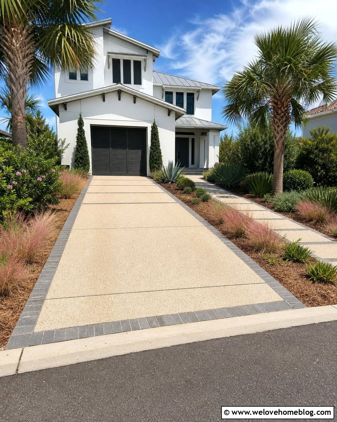 Modern Tabby Concrete Driveway With Linear Joints - 20 Tabby Concrete Driveway Ideas