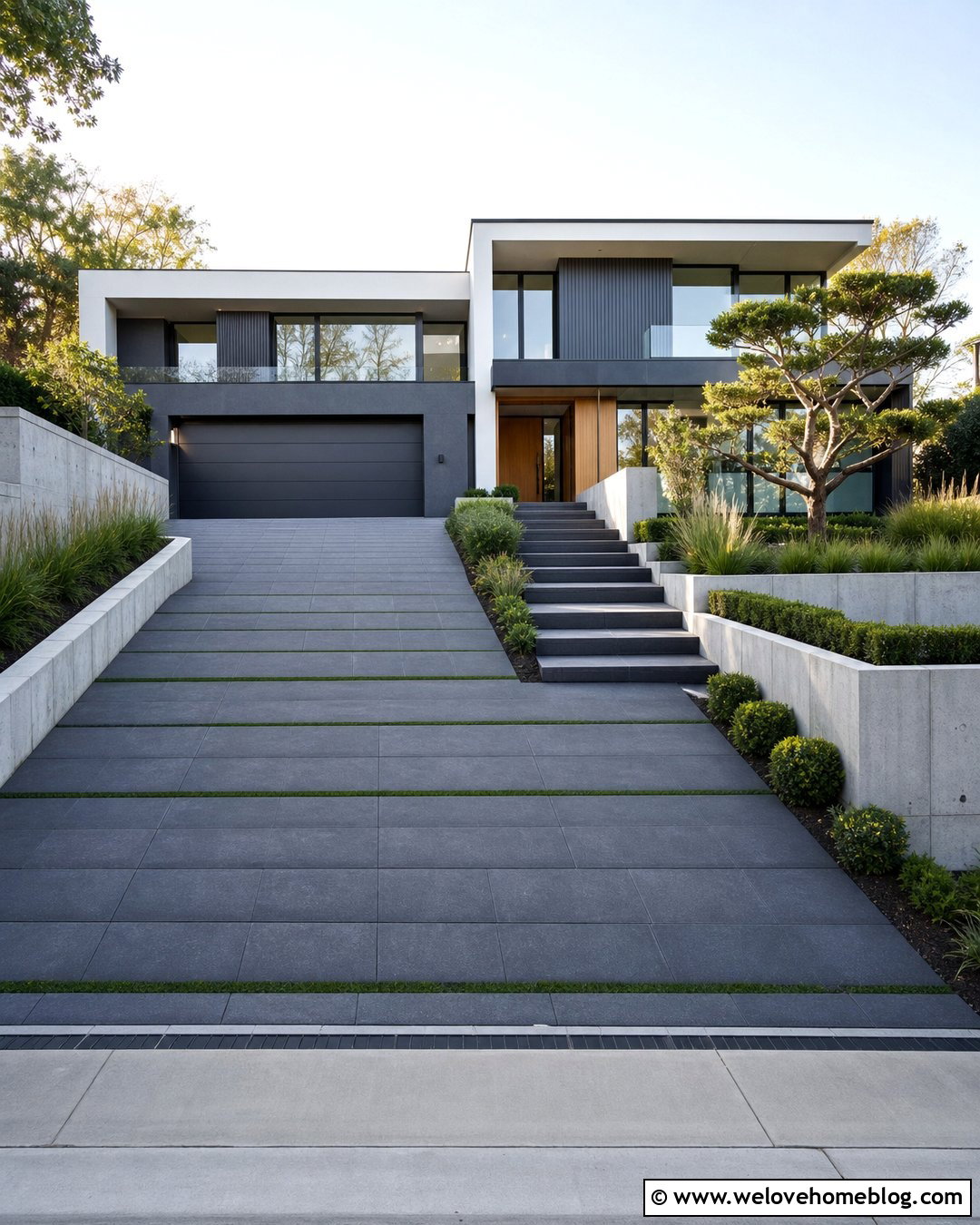 Modern Terraced Driveway With Stepped Grass Strips - 20 Terraced Driveways Ideas
