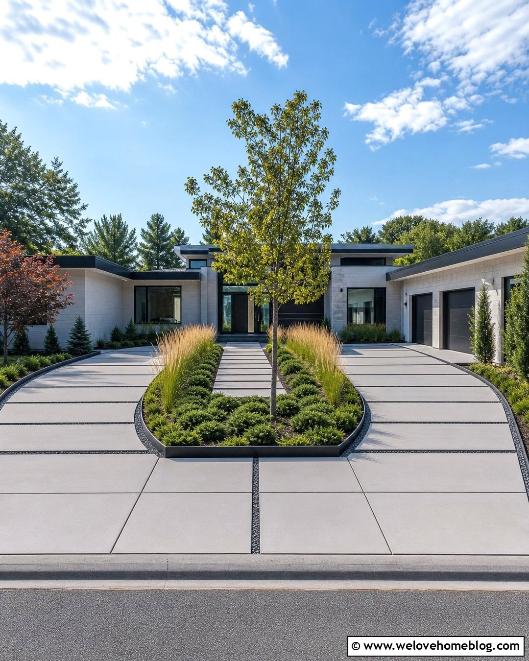 Modern U Shape Driveway With Ornamental Grasses - 30 U Shape Driveway Landscaping Ideas