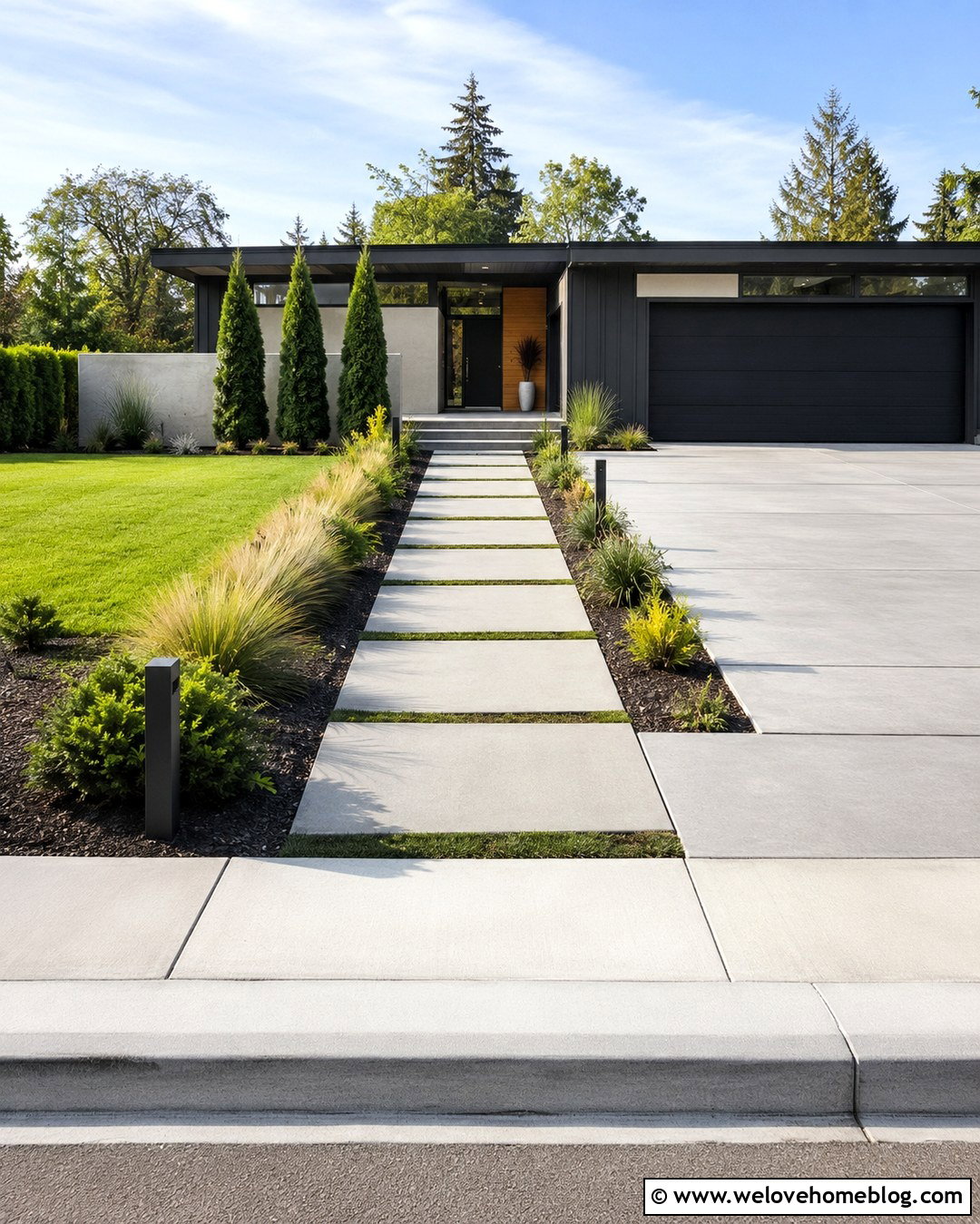 Modern Walkway With Grass Strip Joints - 20 Pathway From Driveway To Front Door Ideas
