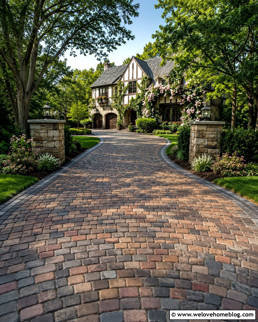 Multicolor Cobblestone Paver Driveway - 20 colorful paver driveway ideas