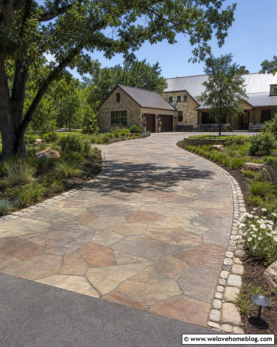 Multicolor Stained Concrete Driveway With Stone Pattern - 20 Staining Concrete Driveway Ideas