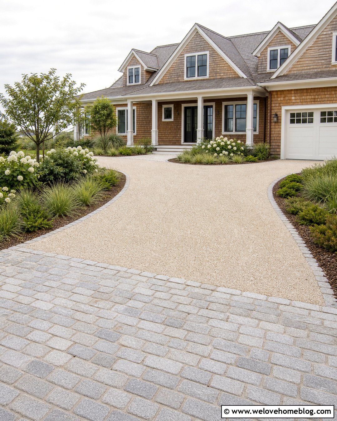 Nantucket Exposed Aggregate Driveway With Stone Borders - 20 Nantucket Driveway Ideas