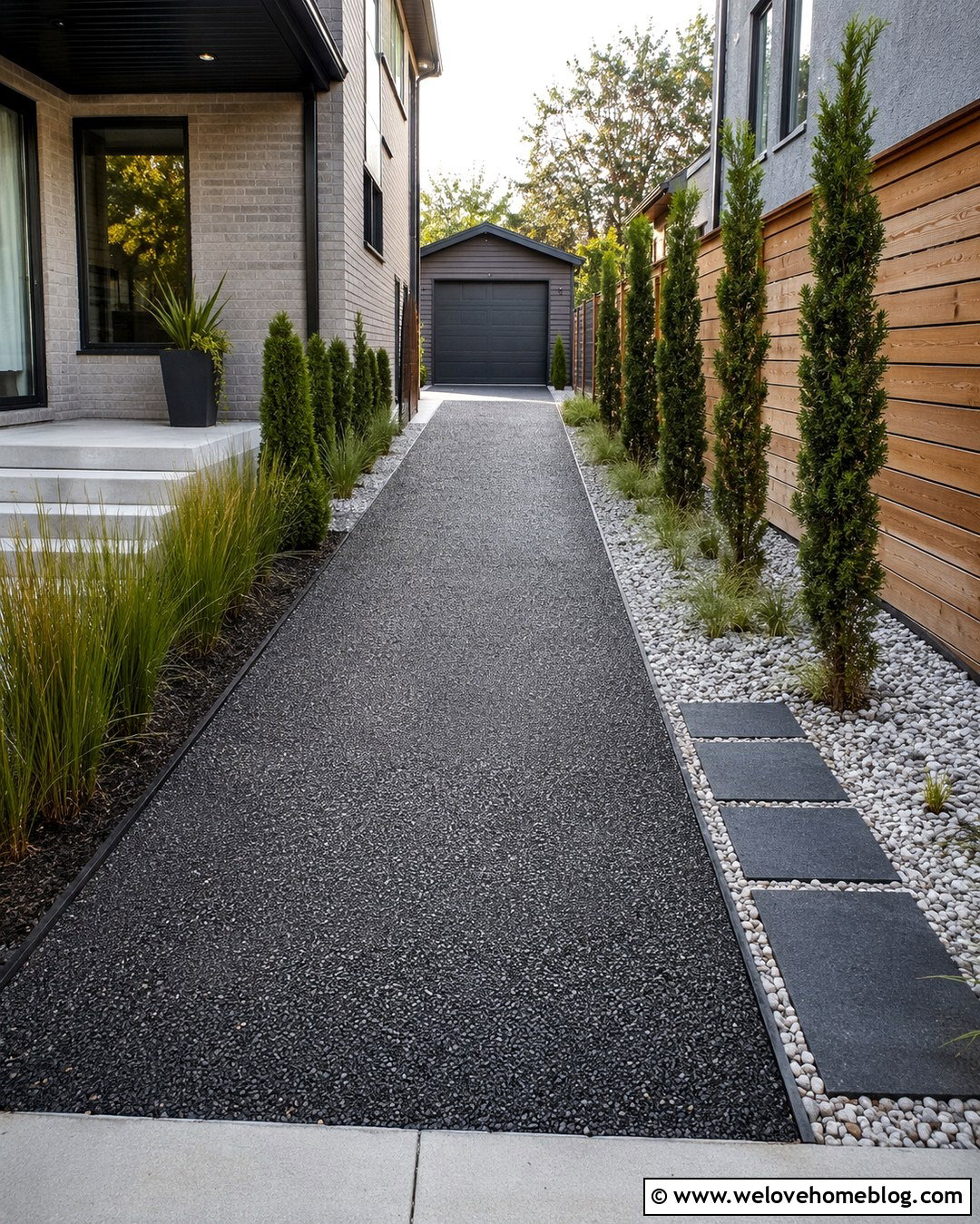 Narrow Black Exposed Aggregate Driveway With Steel Edging