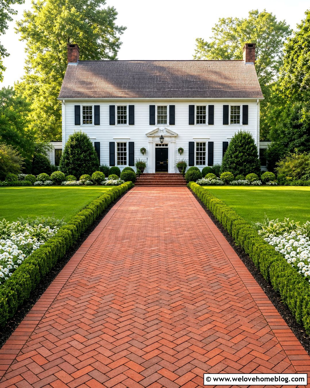 Narrow Brick Driveway With Boxwood Garden Borders - 20 Narrow Driveway Garden Ideas