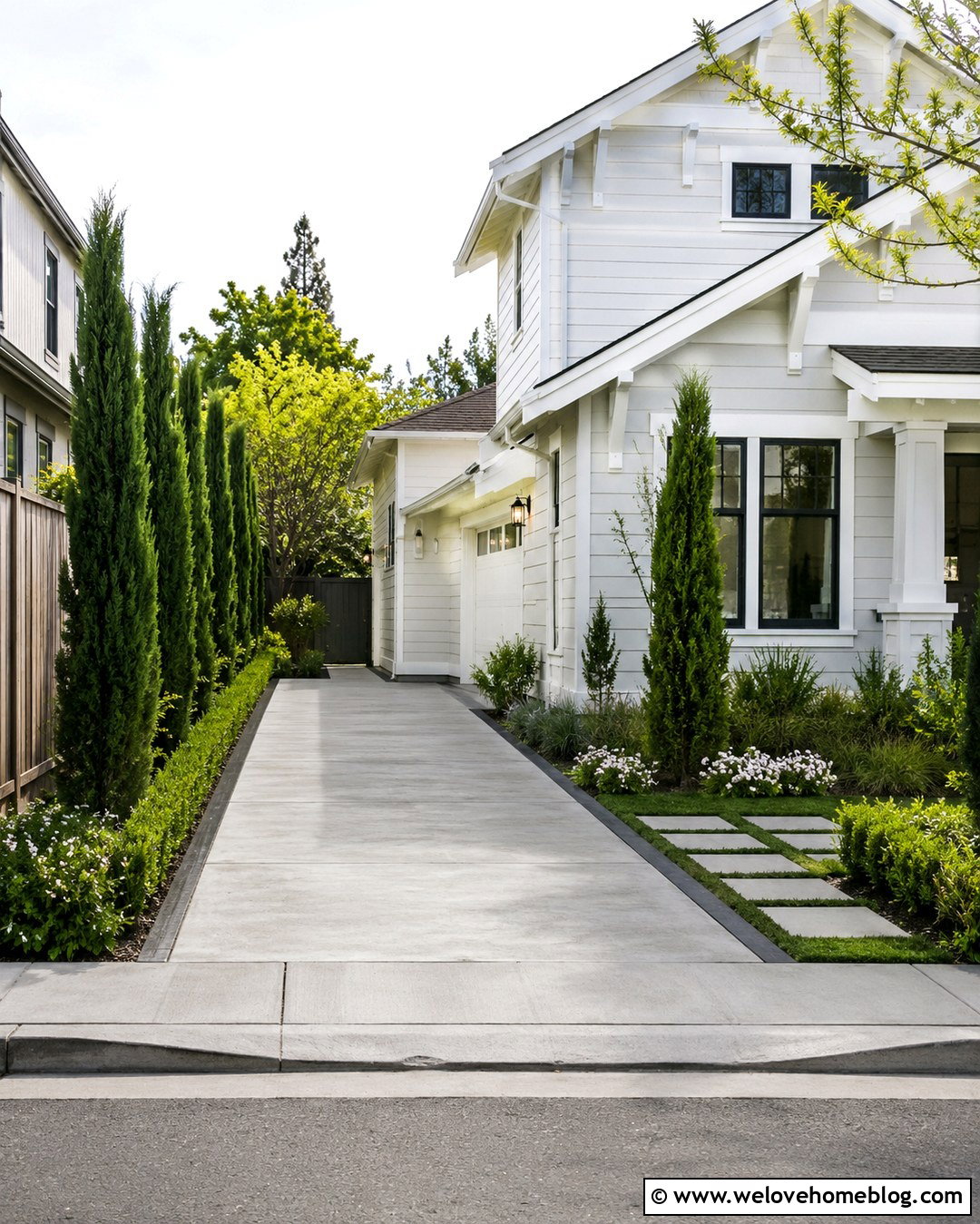 Narrow Cement Driveway With Vertical Landscaping - 20 Cement Driveway Curb Appeal Ideas