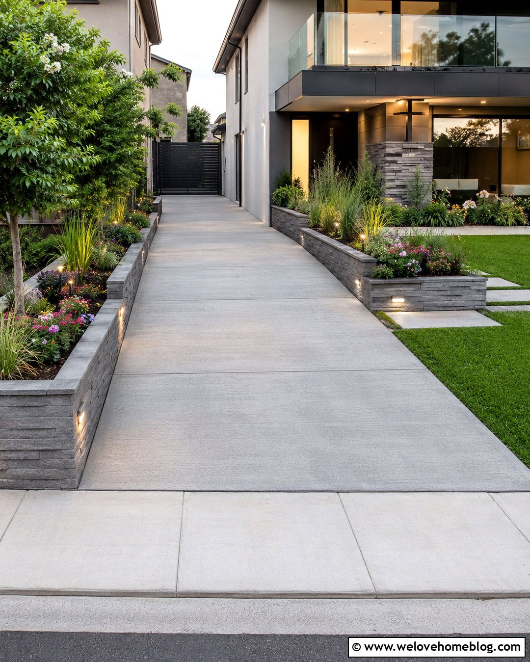 Narrow Concrete Driveway With Raised Planters - 20 side of driveway landscaping curb appeal ideas