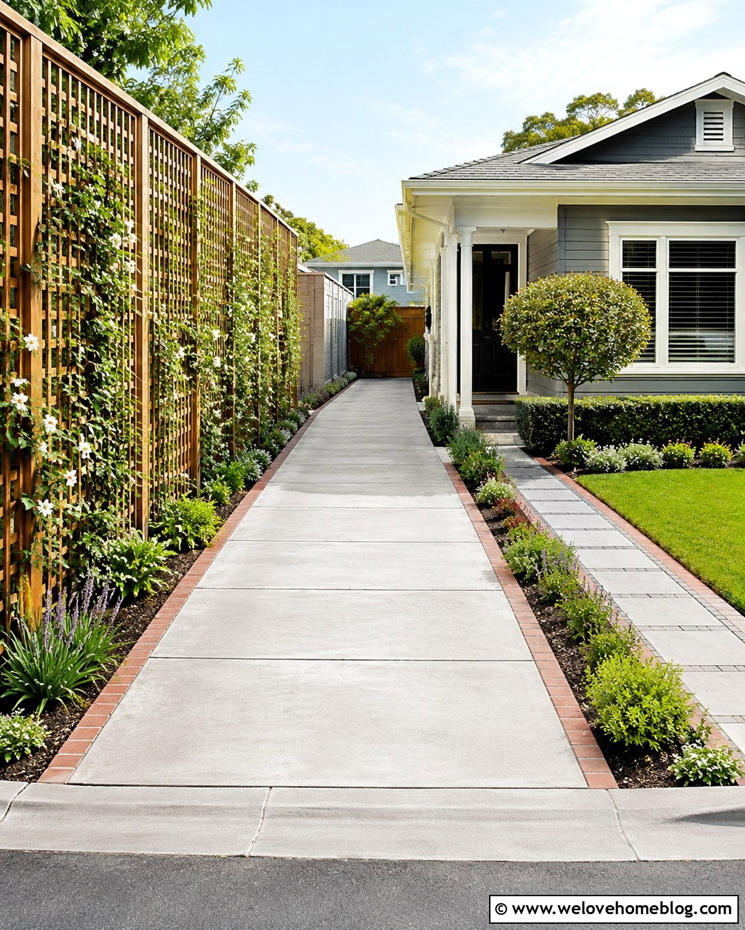 Narrow Concrete Driveway With Trellis Planting - 20 Planted Driveway Ideas