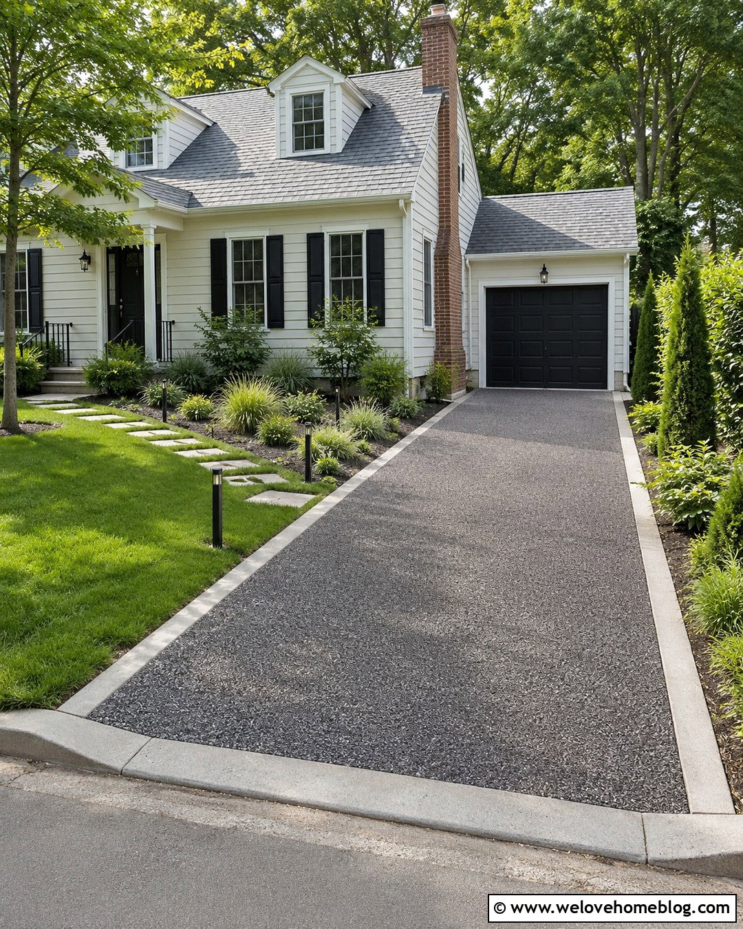Narrow Dark Exposed Aggregate Driveway With Side Garden - 20 Dark Exposed Aggregate Driveway Ideas