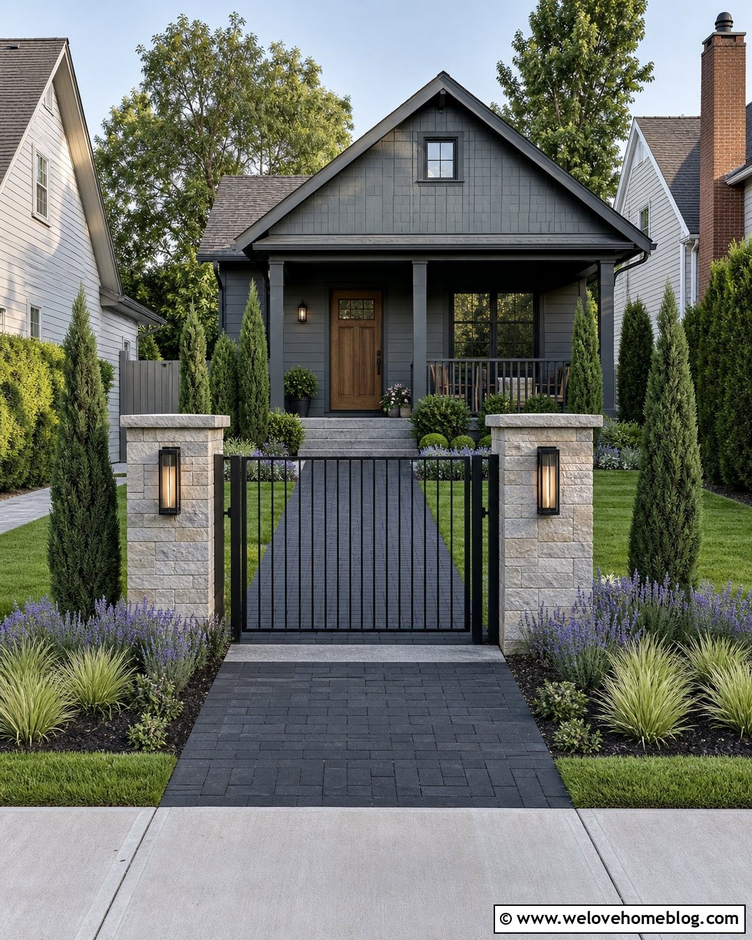 Narrow Driveway Gate With Compact Stone Pillars - 20 Entrance Gates Driveway Stone Pillars Ideas