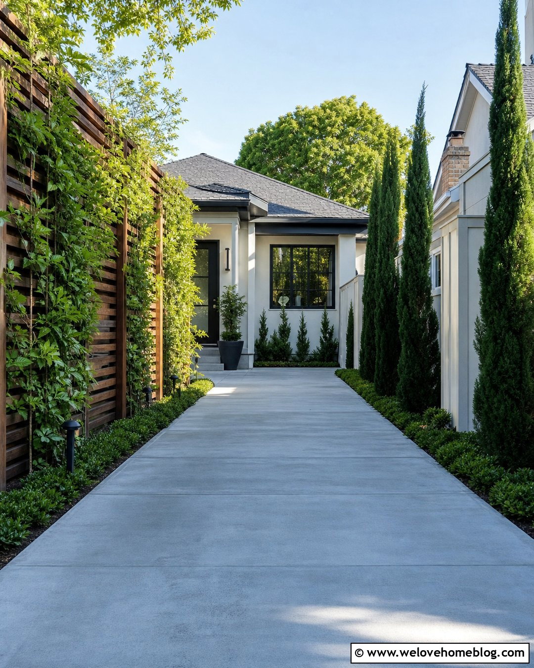 Narrow Driveway With Columnar Trees And Trellis Panels - 20 driveway privacy landscaping ideas