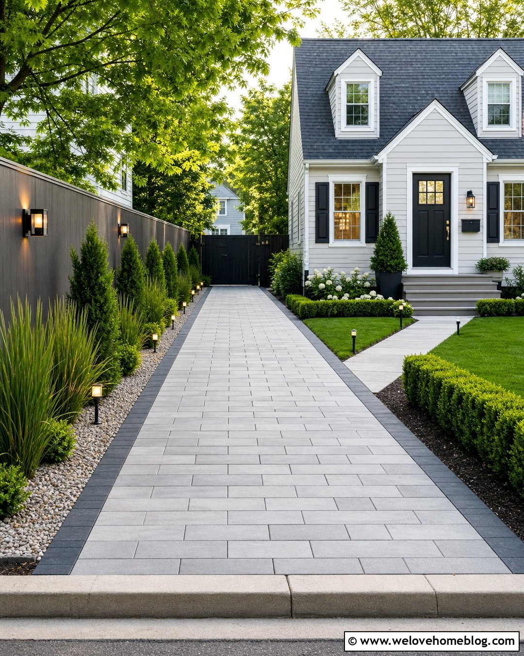 Narrow Driveway With Light Concrete Pavers - 30 Driveway Installation Ideas