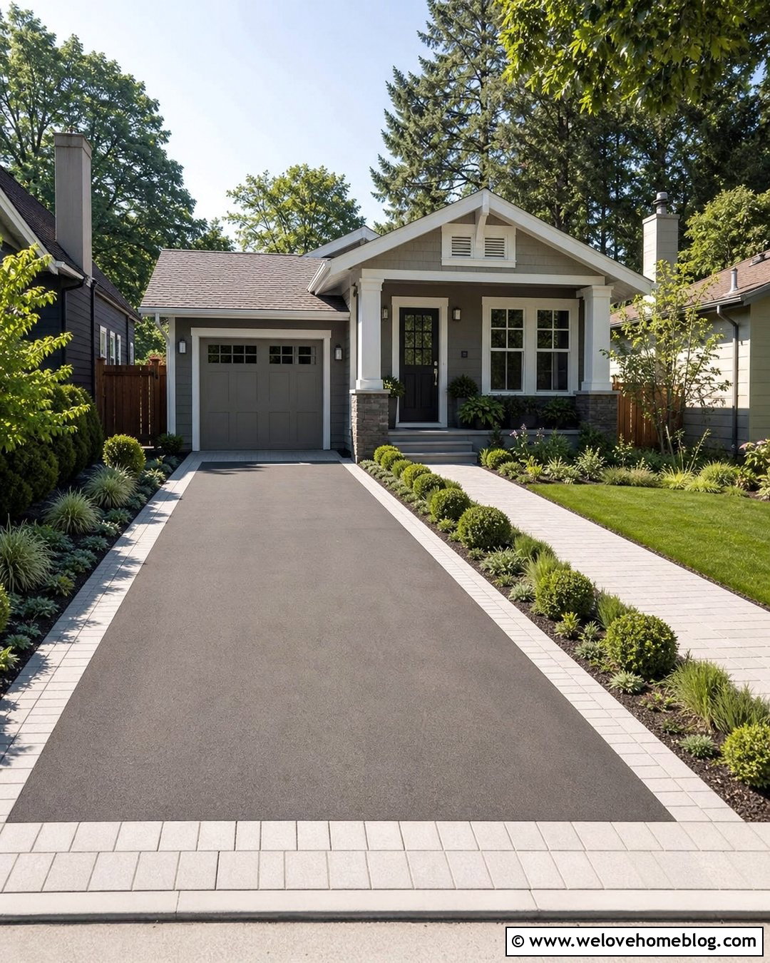Narrow Driveway With Light Paver Edging - 20 Paver Edged Driveway Ideas