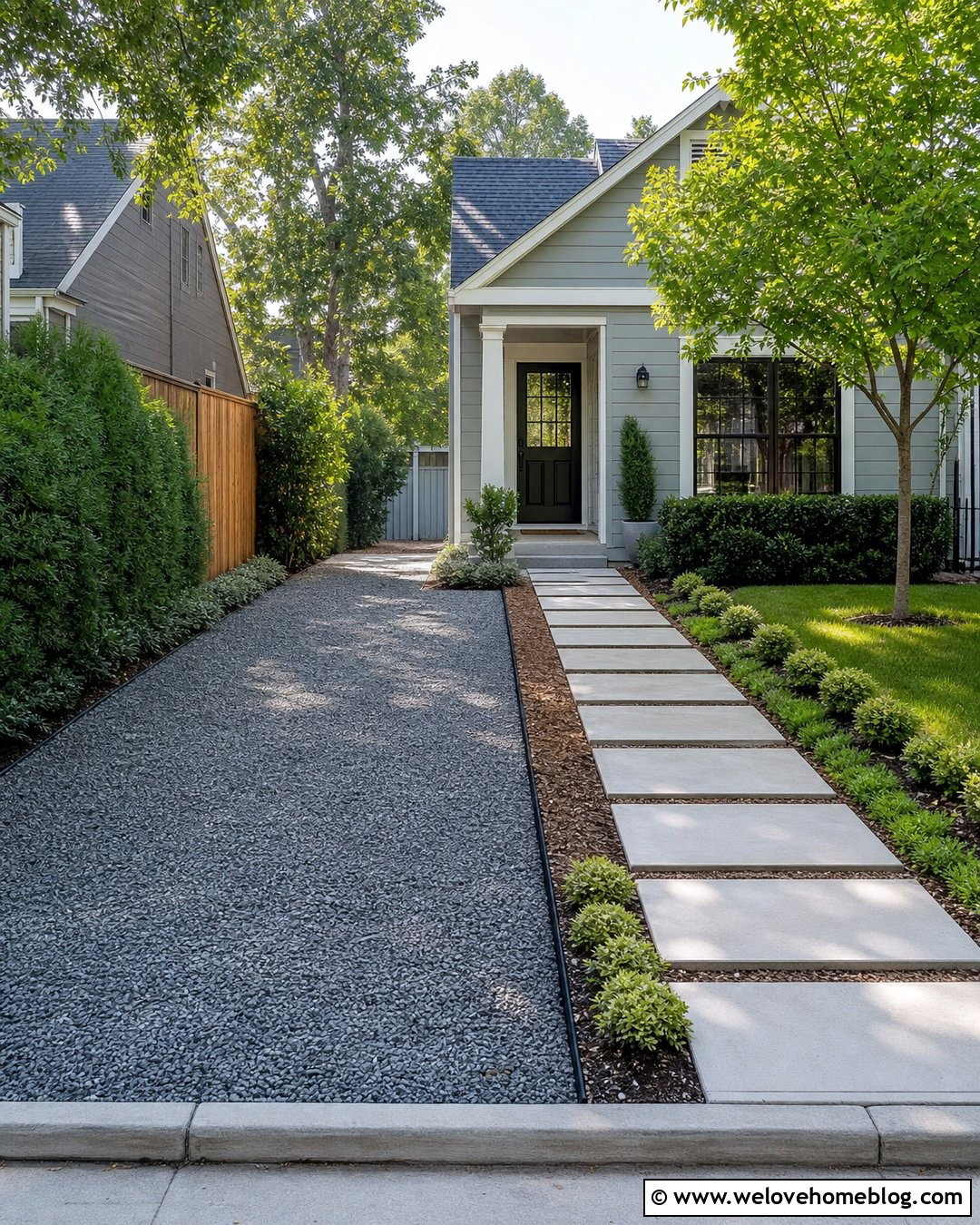 Narrow Gravel Driveway With Stepping Stone Walkway - 40 driveway on a budget ideas